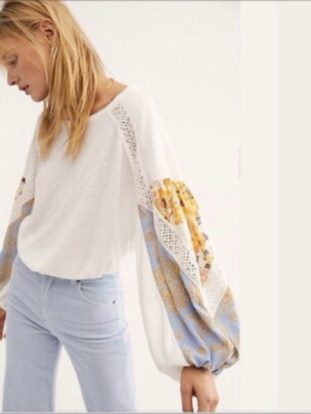 Free People Cream Waffle-Knit Pullover globe sleeve